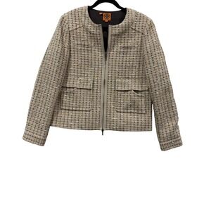 Tory Burch Tweed Zip Front Jacket Beige Multi Color Sparkle Metallic Size 6